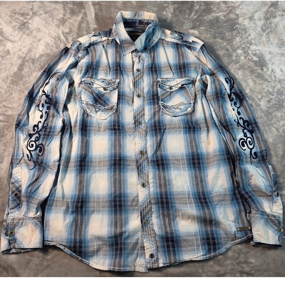 Buckle Black Label Button Up Shirt Mens L Blue Plaid Embroidered Athletic Fit